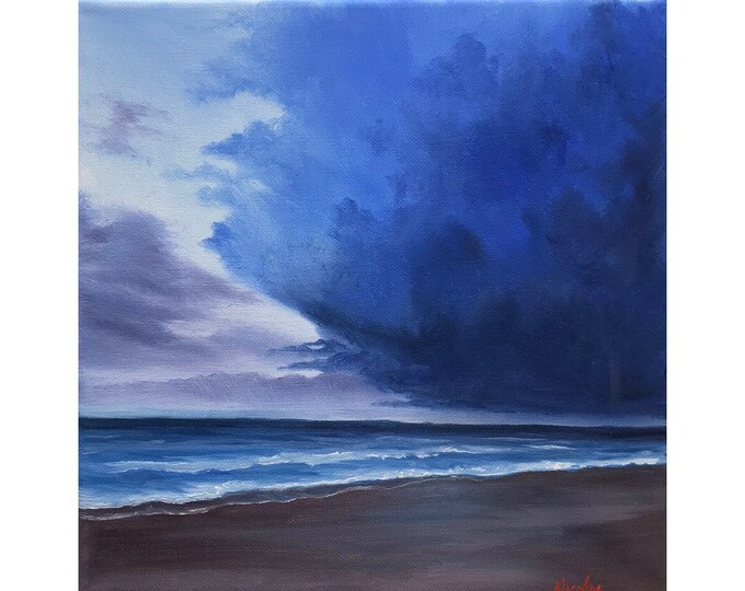 Original Beach oil painting Nicolae blue stormy Ocean art Nicole Smith Artist 10x10