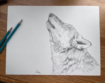 Wolf Song Pencil Sketch: Realistic Wildlife Art, 9x12 Wall Decor
