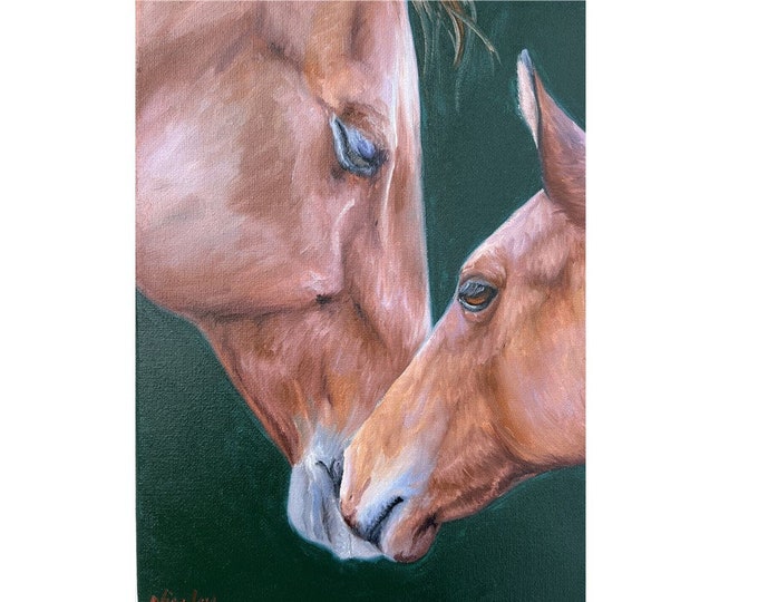 Original horse oil painting Nicolae Equine Art Chestnut mom and baby Nicole Smith Artist 8x10