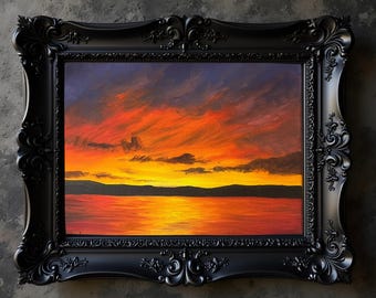 Sunset Lake Oil Painting, oil on Canvas Art, Landscape Wall Decor