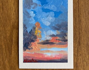 ACEO Oil Painting: "Orange Clouds" Sunset Seascape, 2.5x3.5"
