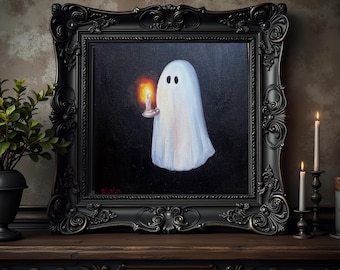 Handpainted Halloween oil painting original ghost with candle 8x8 stretched canvas