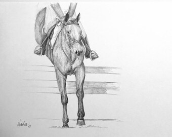 オリジナルの馬のアートワーク、グラファイト鉛筆スケッチ、9x12