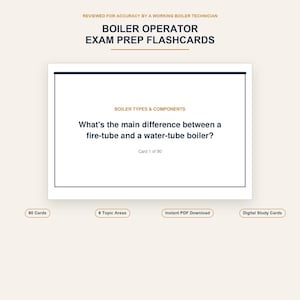 May include: Boiler operator exam prep flashcards featuring a white card with the text 'What's the main difference between a fire-tube and a water-tube boiler?' and 'Card 1 of 90'. The set includes 90 cards, 6 topic areas, and is a digital PDF.