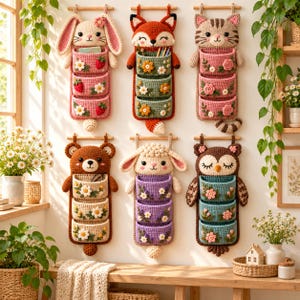 May include: Six wall-hanging crochet organisers shaped like animals, including a rabbit, fox, cat, bear, sheep, and owl. Each organiser features three stacked pockets decorated with crocheted flowers, strawberries, or leaves, suspended from wooden dowels.