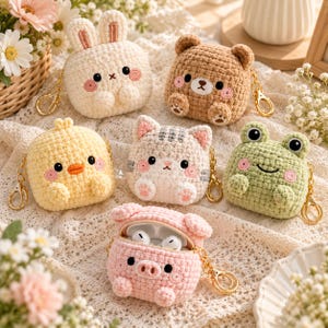 Puede incluir: Una colección de seis estuches de ganchillo con forma de animal para auriculares inalámbricos, que incluye un conejo blanco, un oso pardo, un pollito amarillo, un gato gris, una rana verde y un cerdo rosa, cada uno con un llavero de metal dorado.