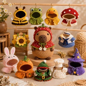 May include: A collection of crocheted animal-themed hoods and outfits, including a bee, frog, duck, mushroom, sunflower, capybara in a strawberry hood, sailor suit, bunny, pumpkin, elf, chef, and a purple wizard hat with yellow stars.