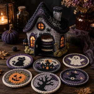 Puede incluir: Un contenedor de ganchillo con forma de casa, techo morado oscuro y paredes grises, con un detalle de telaraña y una puerta abierta. Seis posavasos redondos de ganchillo se disponen delante, mostrando diseños de un gato negro, casa encantada, fantasma, calabaza, árbol y sombrero de bruja.