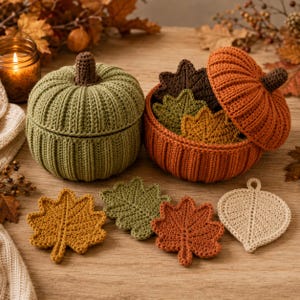 May include: Two crocheted pumpkin-shaped containers with lids, one sage green and one burnt orange. The orange container holds several crocheted leaves in brown, green, and gold. Four additional crocheted leaves in gold, green, rust, and cream lie flat.