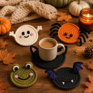 May include: A collection of five round crochet coasters featuring various designs: a cream ghost with arms, an orange spider with black legs, a black cat with ears, a green frog with pink cheeks, and a black bat with purple wings and white fangs.