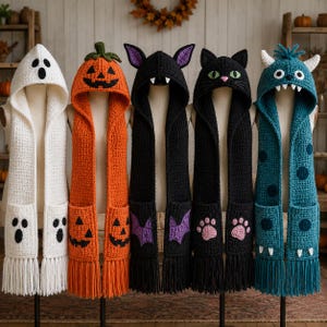 May include: Five hooded crochet scarves featuring Halloween themes: a white ghost, an orange pumpkin, a black bat with purple wings, a black cat with green eyes and pink paw prints, and a teal monster with dark spots and white teeth.
