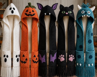May include: Five hooded crochet scarves featuring Halloween themes: a white ghost, an orange pumpkin, a black bat with purple wings, a black cat with green eyes and pink paw prints, and a teal monster with dark spots and white teeth.