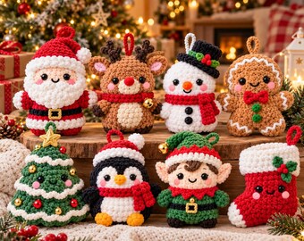 May include: A collection of eight crocheted Christmas ornaments featuring a Santa Claus, a reindeer, a snowman, a gingerbread person, a Christmas tree, a penguin, an elf, and a stocking, each with a small loop for hanging on a tree.