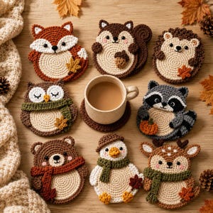 May include: A collection of eight crocheted animal coasters featuring a fox, squirrel, hedgehog, owl, raccoon, bear, snowman, and deer, arranged around a central ceramic mug filled with a light brown beverage on a wooden surface.