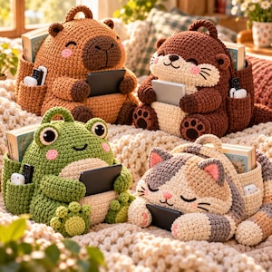 Può includere: Quattro organizer all'uncinetto a forma di animale che raffigurano un capibara, una lontra, una rana e un gatto calico. Ogni figura è dotata di una tasca per tablet, tasche laterali per piccoli dispositivi e uno scomparto per libri.