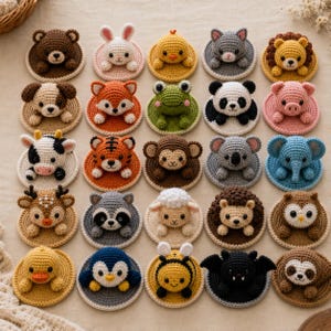 Patrón de posavasos de animales a crochet, paquete de 25 posavasos desplegables a crochet, posavasos amigurumi en PDF, patrón de animales en 3D, descarga instantánea.