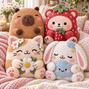 May include: Four crocheted plush toys including a brown bear, a red strawberry-themed bear, a cream-colored cat with white daisy flowers, and a white rabbit holding a blue cloud, all featuring embroidered facial details and soft yarn textures.