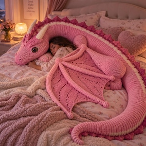 Op de afbeelding: Een grote, gehaakte roze drakenknuffel met een lange, gebogen staart, gestructureerde vleugels en crèmekleurige hoorns. De draak heeft een opvallend, donker oog en een rij donkerroze, driehoekige stekels langs de rug en de staart.