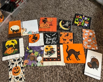 lot of 15 vintage modern  Halloween napkins scrapbook decoupage junk journal  collection Halloween paper  cats witches pumpkins