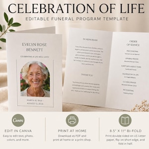 Può includere: Un modello di programma funebre pieghevole intitolato CELEBRATION OF LIFE, con la foto di una persona, il nome Evelyn Rose Bennett, date e l'ordine del servizio. Il modello misura 8,5 per 11 pollici ed è modificabile tramite Canva.