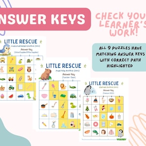 May include: Three educational puzzle answer keys titled Little Rescue, featuring grid layouts with colourful icons. Text includes Answer Keys, Check Your Learner's Work, and All 9 Puzzles Have Matching Answer Keys With Correct Path Highlighted.