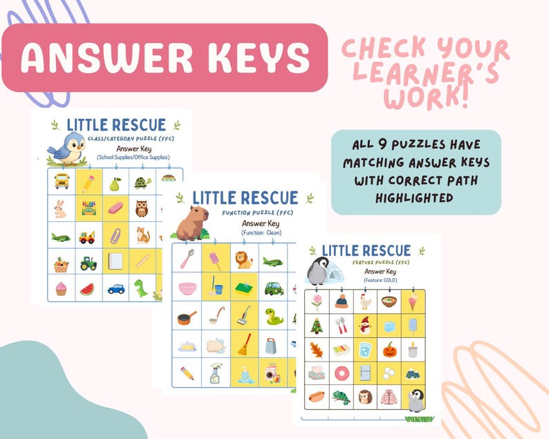 May include: Three educational puzzle answer keys titled Little Rescue, featuring grid layouts with colourful icons. Text includes Answer Keys, Check Your Learner's Work, and All 9 Puzzles Have Matching Answer Keys With Correct Path Highlighted.