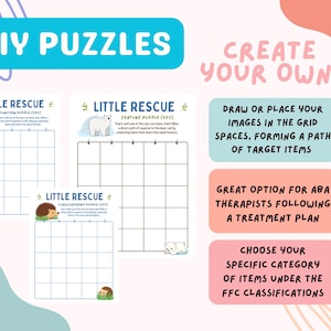 May include: Three printable DIY puzzle sheets titled LITTLE RESCUE with grid layouts for function, feature, and class categories. Text includes DIY PUZZLES, CREATE YOUR OWN, DRAW OR PLACE YOUR IMAGES IN THE GRID SPACES, and ABA therapy notes.