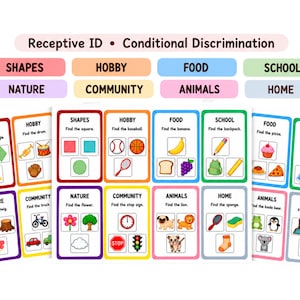May include: A set of educational flashcards titled Receptive ID Conditional Discrimination, featuring categories like Shapes, Hobby, Food, School, Nature, Community, Animals, and Home. Each card displays a prompt and multiple colorful illustrations.