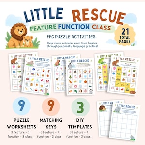 May include: A Little Rescue Feature Function Class educational activity set containing 21 total pages. The set includes 9 puzzle worksheets, 9 matching keys, and 3 DIY templates featuring colourful animal illustrations and grid-based learning tasks.