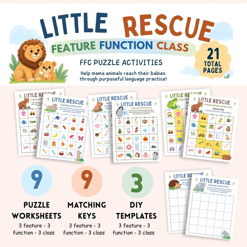 May include: A Little Rescue Feature Function Class educational activity set containing 21 total pages. The set includes 9 puzzle worksheets, 9 matching keys, and 3 DIY templates featuring colourful animal illustrations and grid-based learning tasks.
