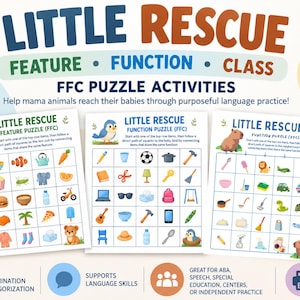 May include: A set of 21 Little Rescue FFC puzzle activity pages featuring grids with colorful illustrations of animals and objects. The text includes Little Rescue Feature Function Class FFC Puzzle Activities and Help mama animals reach their babies.
