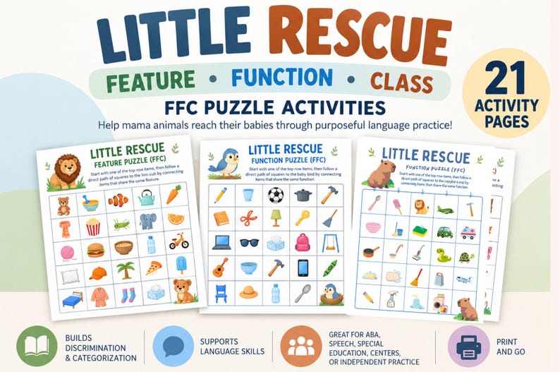 May include: A set of 21 Little Rescue FFC puzzle activity pages featuring grids with colourful illustrations of animals and objects. The text includes Little Rescue Feature Function Class FFC Puzzle Activities and Help mama animals reach their babies.