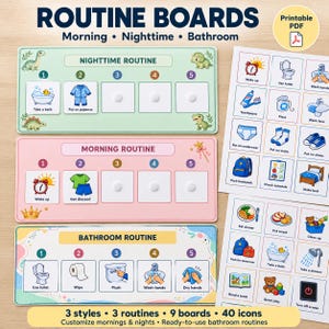 May include: Three rectangular routine boards in light green, pink, and yellow, each featuring five numbered slots for icons. Includes a sheet of printable icons for morning, nighttime, and bathroom tasks with text labels like Wake up and Take a bath.
