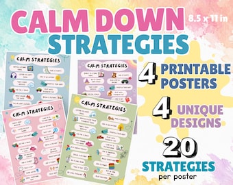 Calm Down Strategies Poster Set for Kids, 4 Coping Skills Posters, Calm Corner Visuals, Emotional Regulation Printable