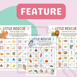 May include: Three Little Rescue feature puzzle activity sheets with grid layouts. Each sheet displays a top animal illustration, instructions, and a 5x5 grid containing various colourful icons like food, toys, and nature items for matching games.