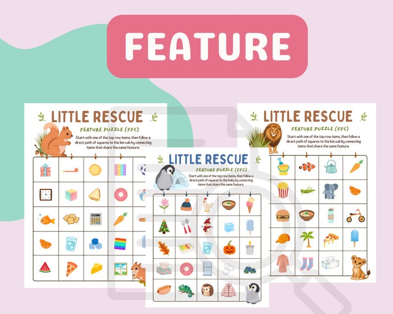 May include: Three Little Rescue feature puzzle activity sheets with grid layouts. Each sheet displays a top animal illustration, instructions, and a 5x5 grid containing various colourful icons like food, toys, and nature items for matching games.