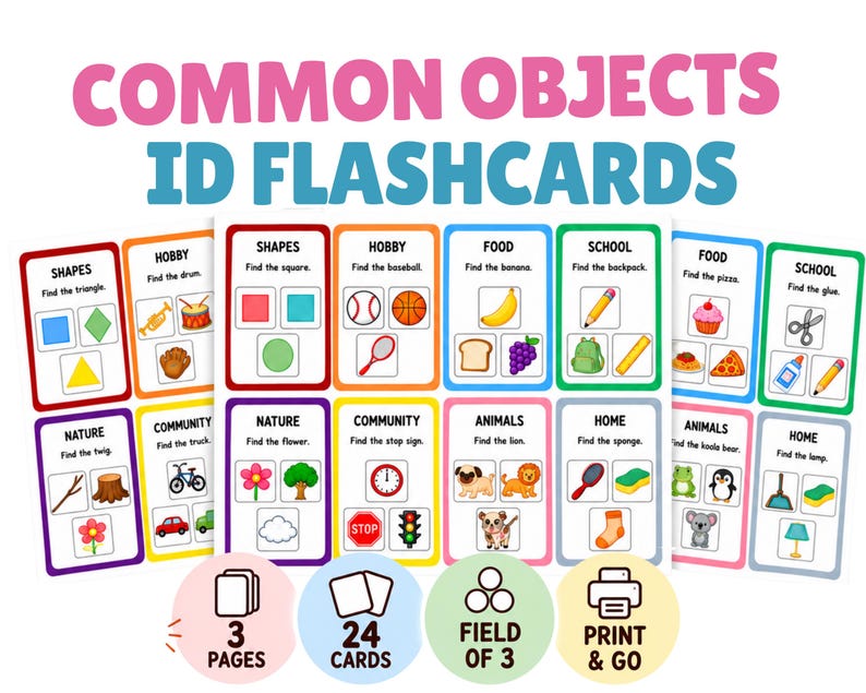May include: A set of Common Objects ID Flashcards featuring 24 cards across 3 pages. Each card displays a category title, a prompt, and colorful illustrations of items like shapes, food, animals, and school supplies. Includes print and go icons.