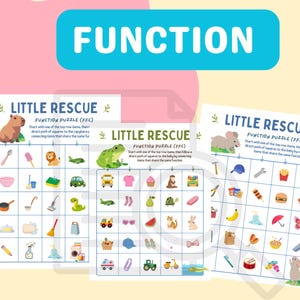 May include: Three white activity sheets titled Little Rescue Function Puzzle (FFC) featuring a grid of colourful illustrations of various objects, animals, and vehicles. Each sheet includes instructions to connect items that share the same function.