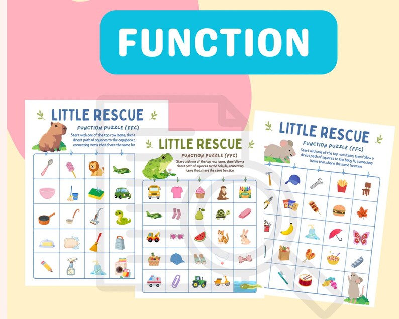 May include: Three white activity sheets titled Little Rescue Function Puzzle (FFC) featuring a grid of colourful illustrations of various objects, animals, and vehicles. Each sheet includes instructions to connect items that share the same function.
