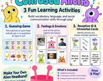 Confused Aliens Learning Games | Emotions, Receptive ID & Intraverbal Cards | ABA Printable