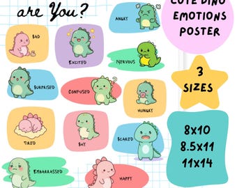 Dinosaur Emotions Poster, Feelings Chart for Kids, Printable Calm Corner Classroom Poster, Social Emotional Learning, 3 Sizes
