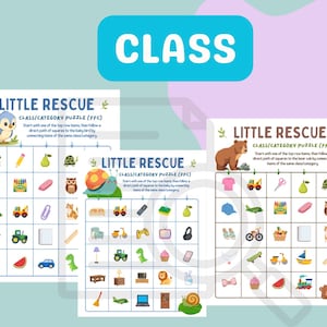 May include: Three Little Rescue Class/Category Puzzle sheets featuring a grid of colourful illustrations. Each sheet includes a top row of items, a central animal character, and various objects like vehicles, food, and school supplies to connect.