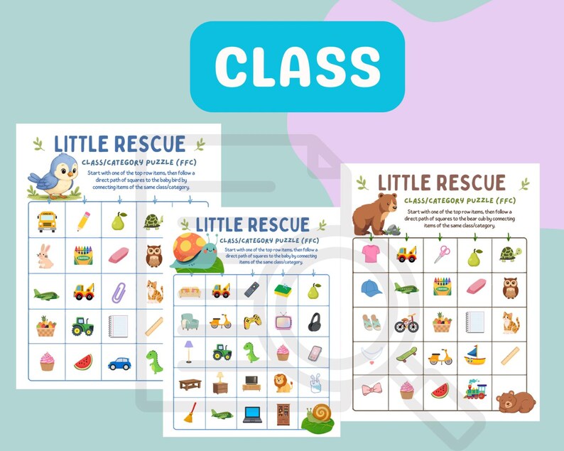 May include: Three Little Rescue Class/Category Puzzle sheets featuring a grid of colourful illustrations. Each sheet includes a top row of items, a central animal character, and various objects like vehicles, food, and school supplies to connect.