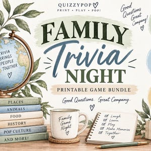 Puede incluir: Un paquete de juego de trivia familiar imprimible que incluye un globo terráqueo, una pila de libros etiquetados con categorías como Places, Animals e History, una taza con Family Game Night, un bloc de notas y 60 Questions.