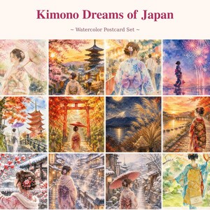 以下が含まれることがあります： 「Kimono Dreams of Japan」と題された水彩画のポストカードセット。12枚の異なるイラストが含まれています。着物姿の人物、日本の風景、五重塔、鳥居、富士山、桜などが描かれた絵柄で構成されています。
