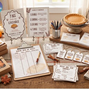 Pode incluir: Um kit de troca de doces de outono com placas impressas, uma folha de inscrição numa prancheta, cartões de receitas, etiquetas com cordel e caixas de cartão. Inclui uma caneta, paus de canela e uma tarte de abóbora.