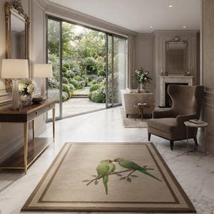Papegojparmatta, elegant grön fågelmatta, beige botanisk matta, lyxig chinoiseriedekor, naturinspirerad vardagsrumsmatta