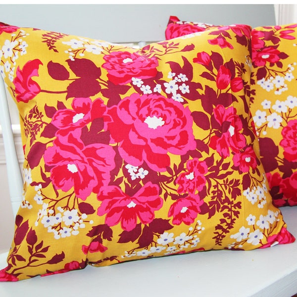 Decorative Pillows Flower Bouquet Pillow Cover in Mustard and Rose 18x18 "Color Me Crazy" Collection