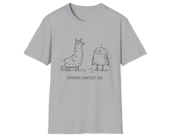 Llama vs Robot Staring Contest T-Shirt | Funny Illustration Tee