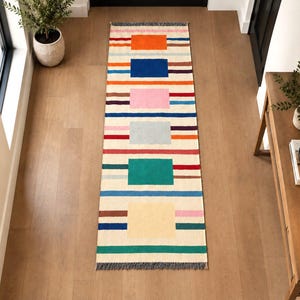 Custom Size Runner Rug, Handwoven Wool Kilim, Colorful Flatweave Geometric Striped Design, Modern Decor